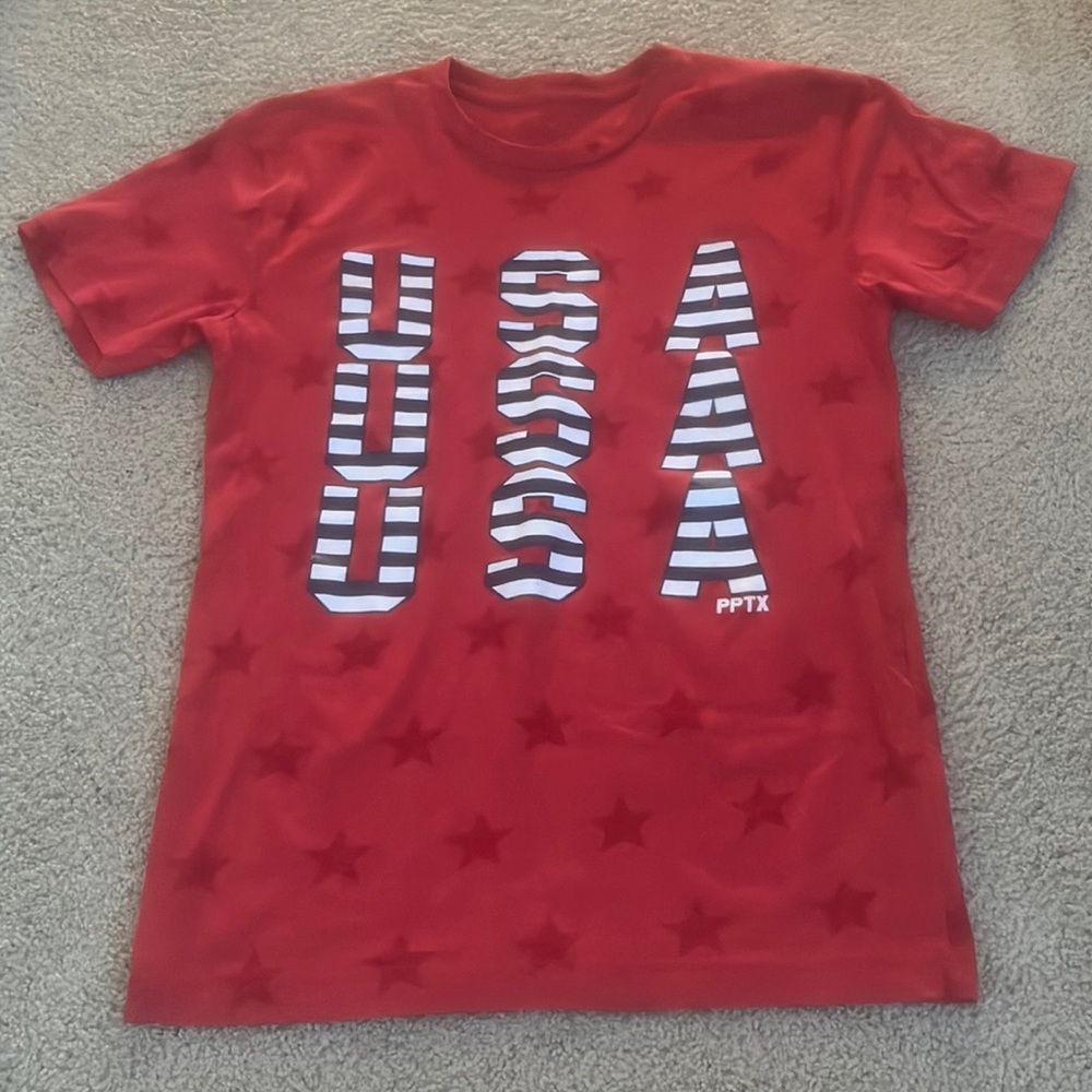 red, white, and blue shirt